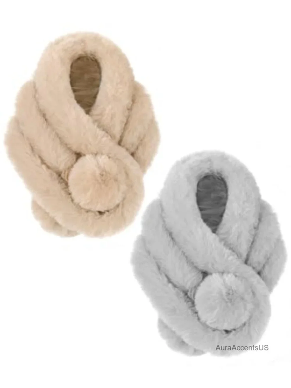 Faux Fur Scarf Neck Wrap Winter Furry Shawl Two Pack with Pom